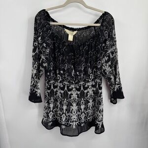 Vtg Black White Boho Peasant Top Sheer Crinkle 3/4 Sleeve Floral Scroll Print XL